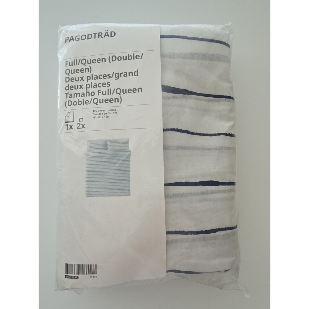 Ikea Pagodtrad Full/Queen Duvet Cover 2 Pillowcases Stripes White Blue